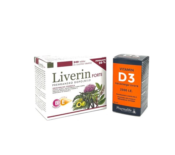 Liverin forte tbl a240+ Vitamin D3 kapljice 2000IE 30ml GRATIS