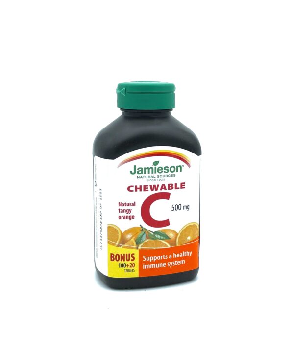 Vitamin C 500 mg, žvečljive tablete z naravnim okusom pomaranče. Prehransko dopolnilo z naravnim sladilom.