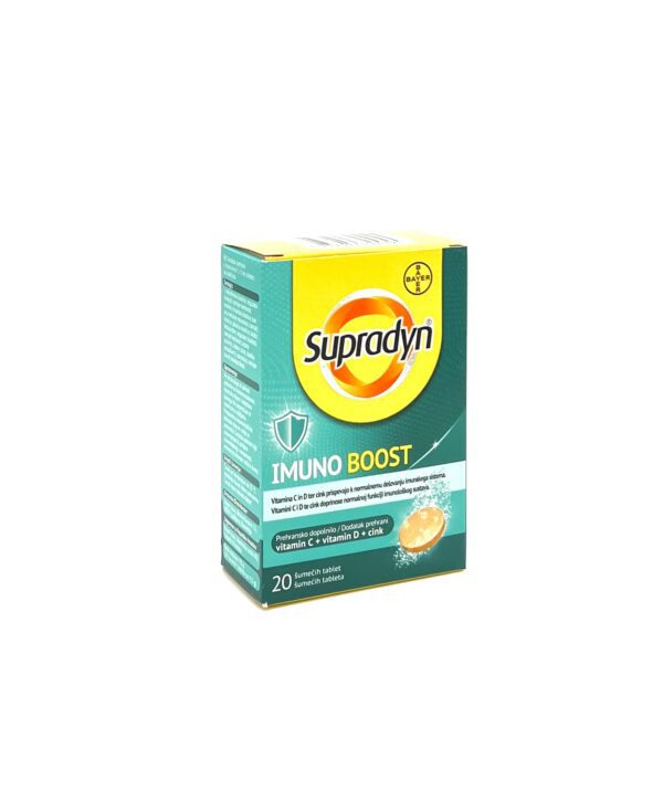Supradyn® IMUNO BOOST je prehransko dopolnilo, ki vsebuje vitamina C in D ter cink, ki prispevajo k normalnemu delovanju imunskega sistema.